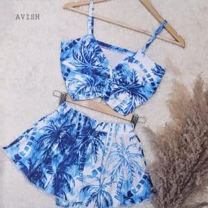مایو نیمتنه دامن طرح هاوایی آبی